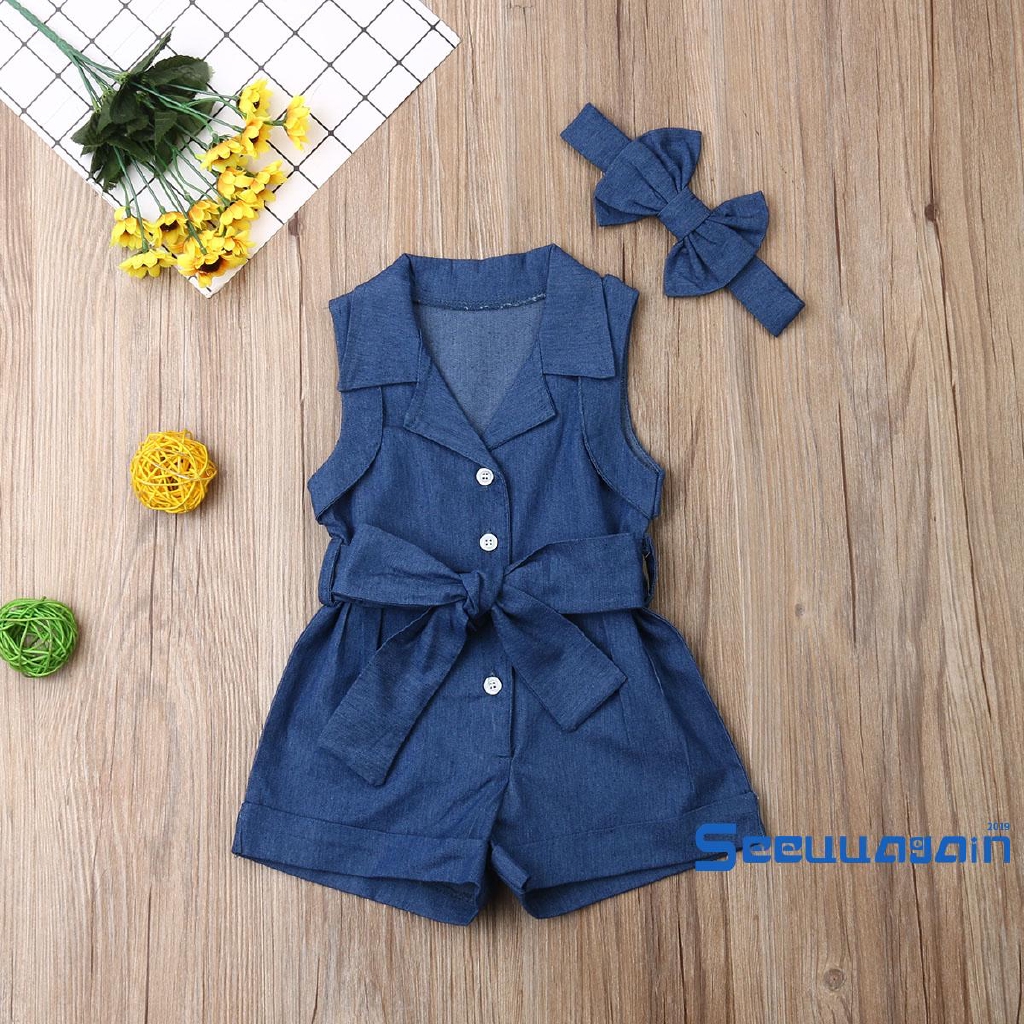 Áo liền quần denim kèm băng đô nơ dễ thương cho bé gái