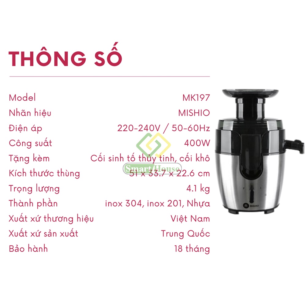 Máy ép trái cây đa năng cao cấp Mishio MK197 400W  - Smart House hàng chính hãng