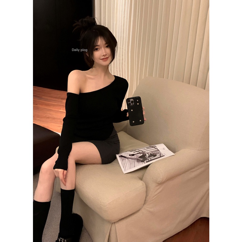 QADCOL Áo Dệt Kim Tay Dài Trễ Vai Thời Trang Dành Cho Nữ