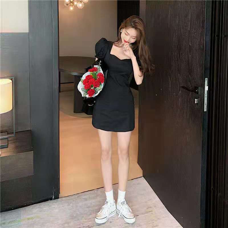 Đầm tay phồng cổ vuông màu trơn phong cách retro Pháp mùa hè