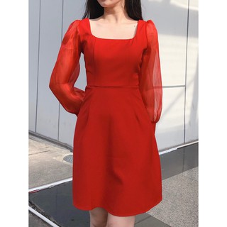 Đầm cotton phối tay voan kính cổ vuông tay dài dáng xòe - hình shop chụp
