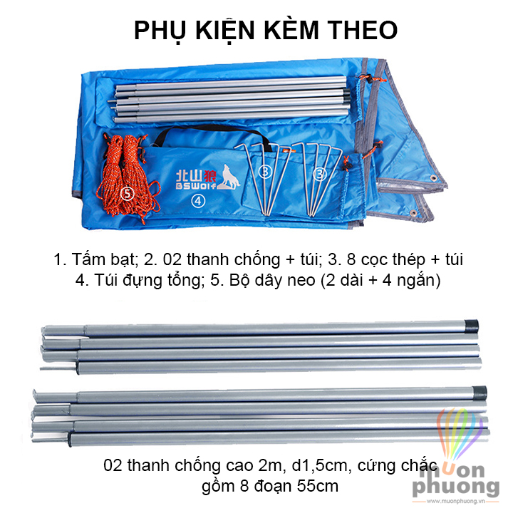 Bộ tấm tăng bạt mái che lều kèm thanh chống cắm trại dã ngoại BSWOLF - MUÔN PHƯƠNG SHOP