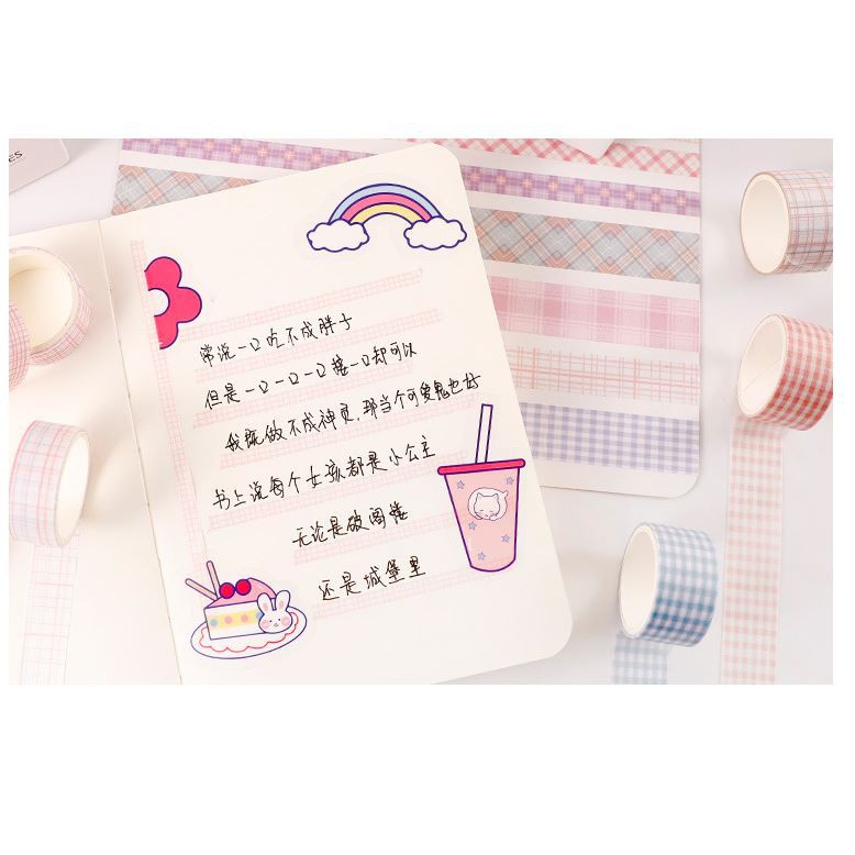 Hộp washi tape 6 cuộn vintage họa tiết kẻ caro cute xinh yêu dán sổ tay Lalunavn - A06