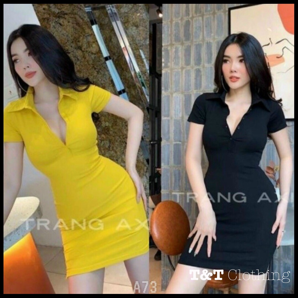 Đầm body trơn cổ bẻ gài nút | Đầm ôm sexy tôn dáng 💃By 23t.shop | BigBuy360 - bigbuy360.vn