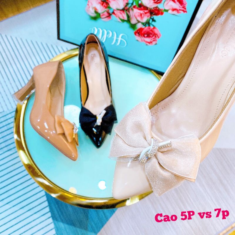 Giày cao gót bít mũi,giày búp bê,đính nơ von lụa đồng màu thân giày,gót 5-7 phân