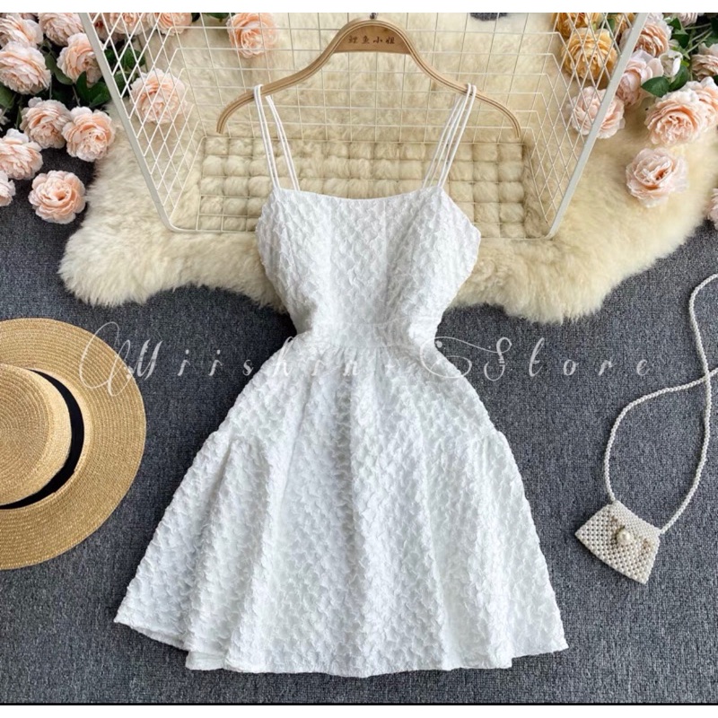 (Order) Váy ngắn màu basic hai dây from xèo ôm eo ngọt ngào vải nổi kiểu dáng sexy
