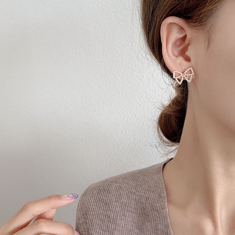 XiaoboACC Đôi Bông Tai Hình Nơ Bằng Bạc 925 Đính Ngọc Trai Thời Trang Cho Nữ
