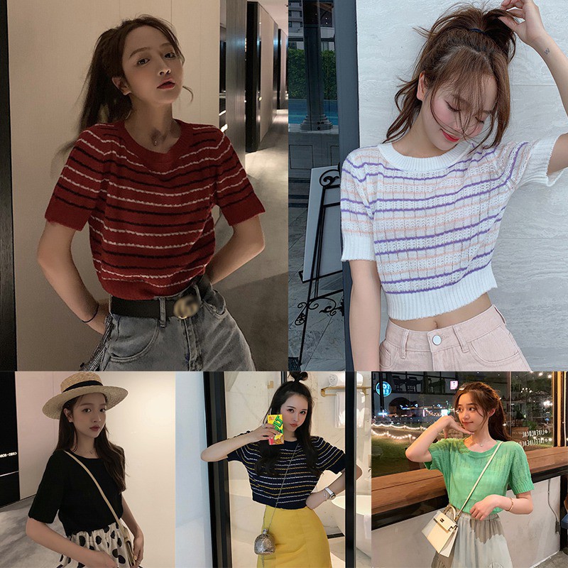 Áo crop top chất liệu dệt kim ngắn tay phong cách Hàn Quốc trẻ trung dành cho nữ