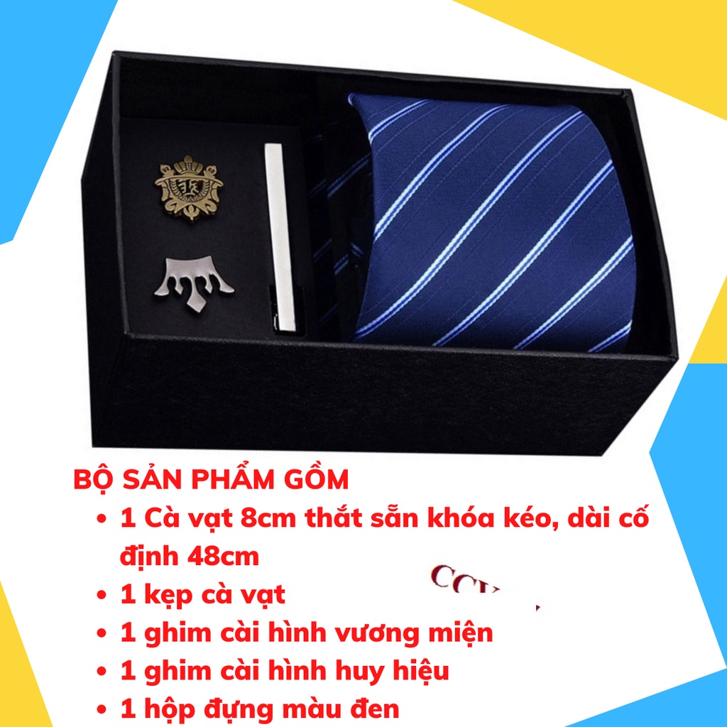 Set cà vạt bản to 8cm làm quà tặng cho Nam gồm cà vạt, kẹp cà vạt, ghim cài áo đóng hộp lịch sự CCV-07