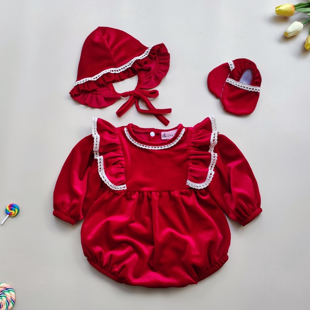 Set body nhung đỏ kèm mũ và giày vải cho bé gái sang đẹp ⚡𝗙𝗥𝗘𝗘𝗦𝗛𝗜𝗣⚡ Bodysuit cho bé gái sơ sinh chất liệu cao cấp