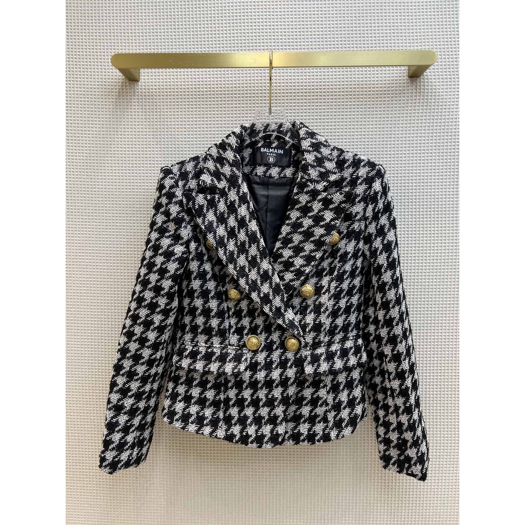 Áo khoác nữ họa tiết houndstooth thời trang cao cấp BALMAIN phong cách sang trọng