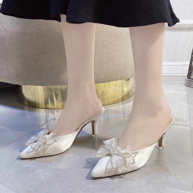giày sục nữ cao gót 6cm quai nơ họa tiết sang chảnh mã M9