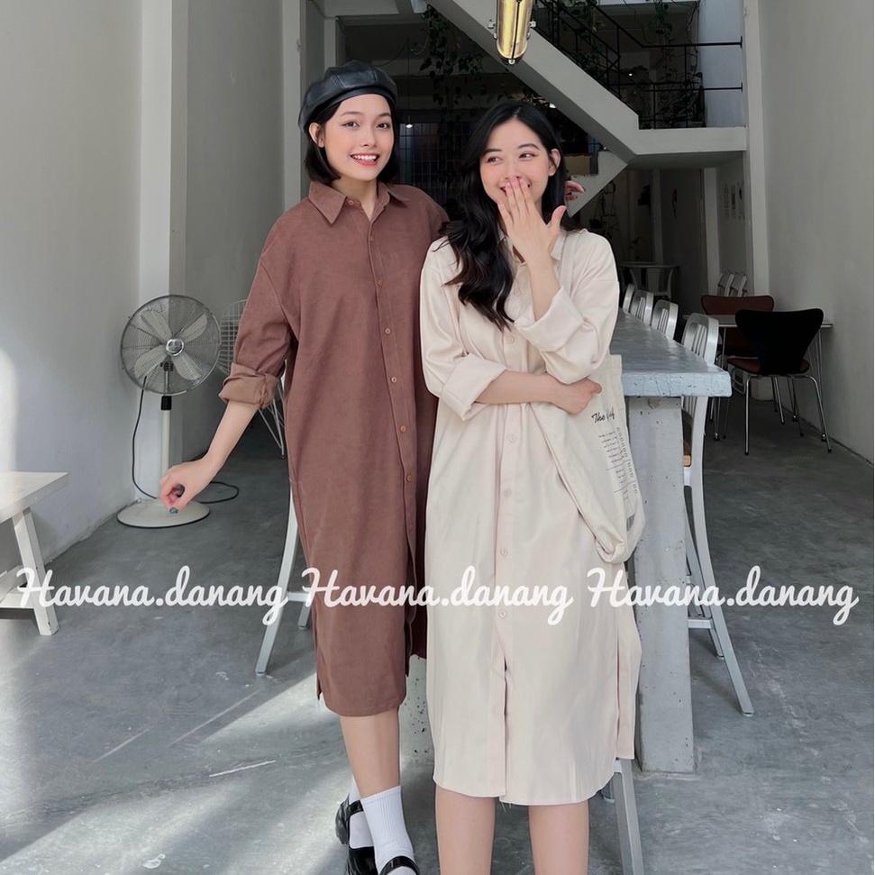 Đầm sơ mi dáng suông chất nhung AE61