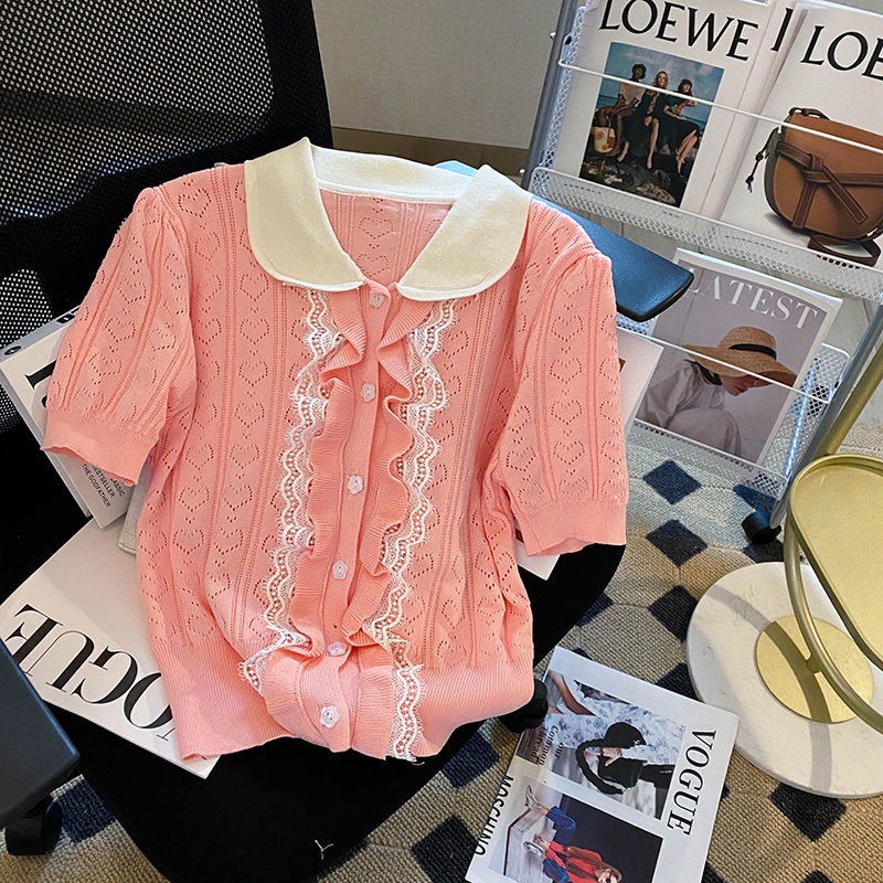 Áo Thun Tay Ngắn Phồng Cổ Polo Phối Ren Thời Trang Mùa Hè