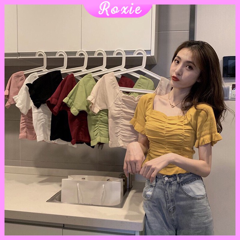Áo cổ vuông rúm ngực chất len tăm co giãn Hàn Quốc, Áo peplum ulzzang nhún freesize điệu đà cực xinh tôn dáng