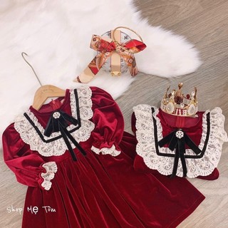 VÁY NHUNG ĐỎ REN BÈO ĐÍNH TAG ĐÁ BG