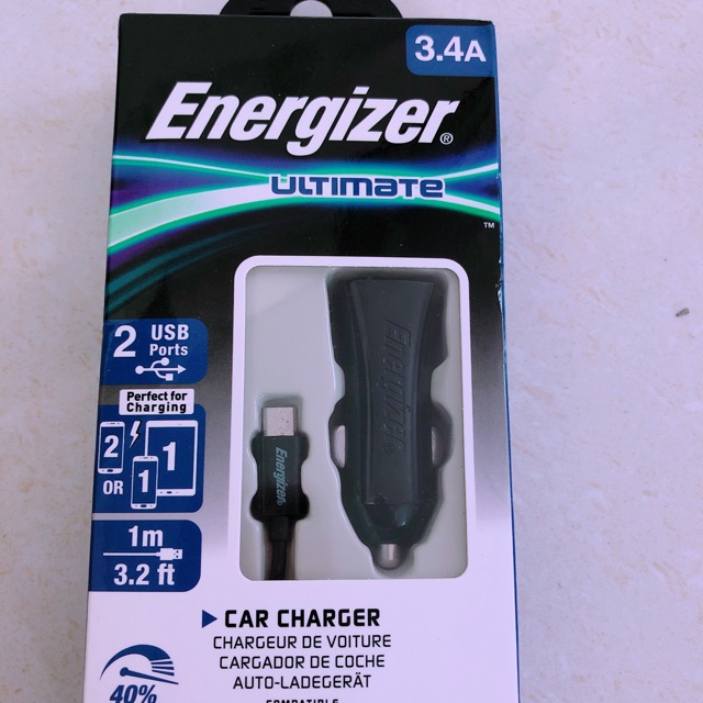 Sạc Energizer UL dùng cho Ô tô Micro USB 3.4A 2 cổng màu đen - DCA2CUMC3