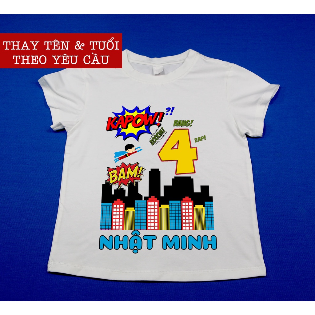 Áo thun siêu nhân thiết kế theo tên và tuổi của bé, vải cotton đẹp cao cấp, áo phông quà tặng sinh nhật bé trai bé gái