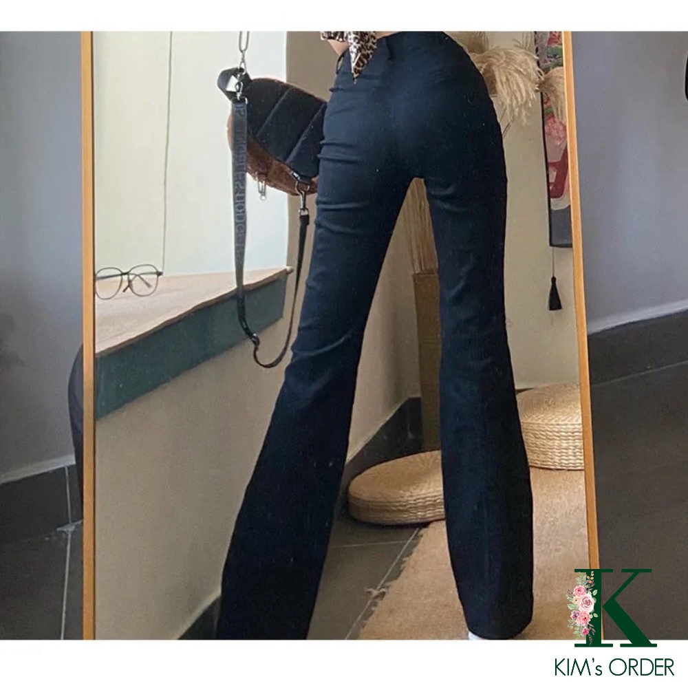 Quần jeans nữ ống loe lưng cao phom dáng dài màu đen màu nâu chất liệu vải co dãn nhẹ cao cấp xu hướng thời trang | WebRaoVat - webraovat.net.vn