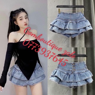 Chân váy jean ly xòe 2 tầng 3 nút cá tính, gomboutique77 3 size/ Chân Váy Jean Xòe Bèo