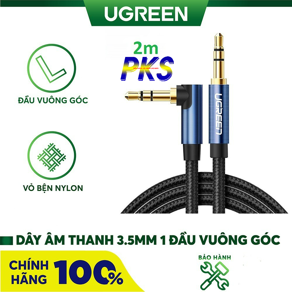 Dây âm thanh 3.5mm 1 đầu vuông góc vỏ bện vải sợi tổng hợp dài 2m UGREEN 60181- Hãng phân phối chính thức