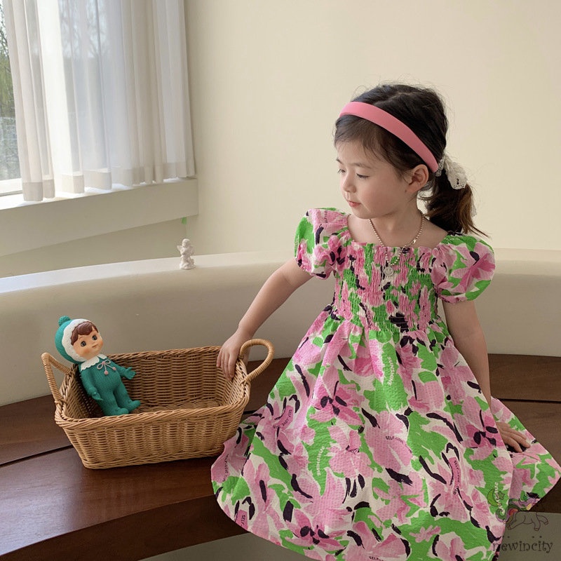 Đầm Công Chúa Tay Phồng Ngắn In Hoa Kiểu Hàn Quốc Thời Trang Mùa Hè Cho Bé Gái
