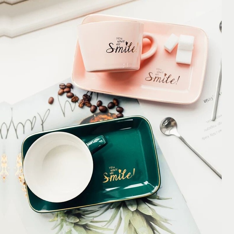 Cốc sứ kèm ĐĨA và THÌA bộ SMILE cao cấp dung tích 250ml, họa tiết SANG TRỌNG, ly sứ quà tặng thông điệp tình cảm ý nghĩa
