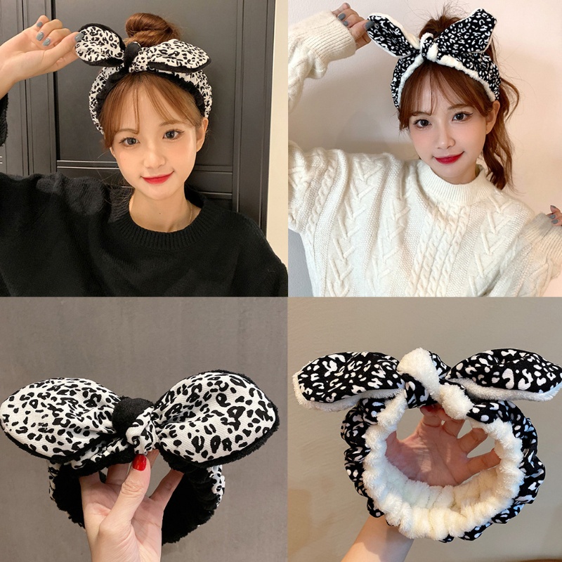 Băng Đô Nơ Lớn Bằng Vải Lông Cừu Mềm Co Giãn Chống Trượt In Họa Tiết Da Báo