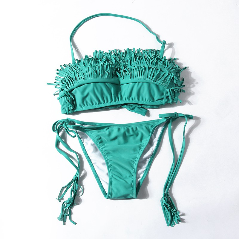 Bikini 2 mảnh tua rua màu xanh
