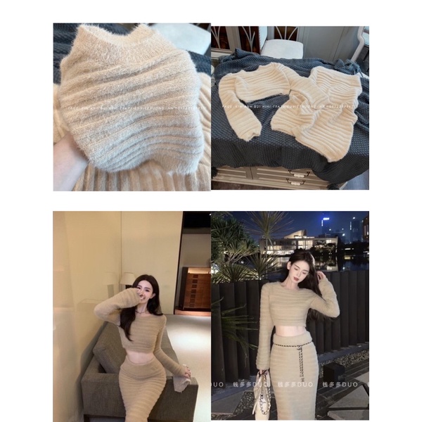 Set len lông thỏ áo croptop chân váy dáng dài
