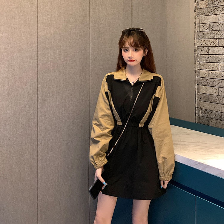 Đầm Tay Dài Dáng Ôm Màu Sắc Tương Phản Phong Cách Hàn Quốc Dành Cho Nữ