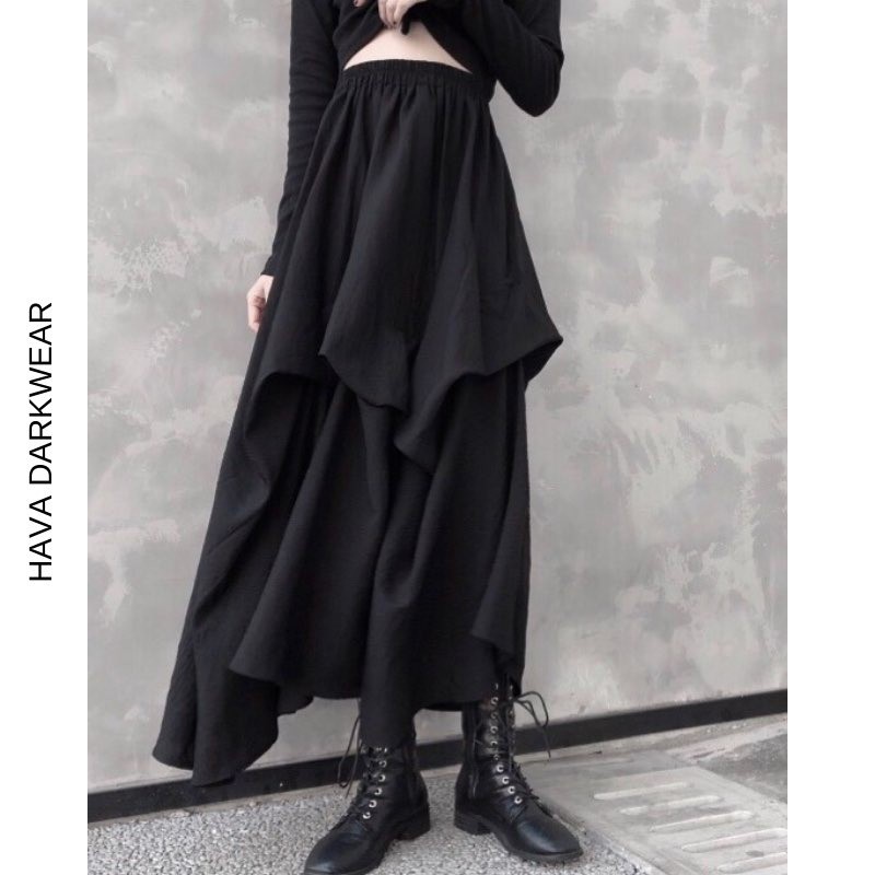 Chân váy đen HAVADW xếp tầng dáng dài phong cách darkwear cá tính chất trượt hàn mềm mát CV26