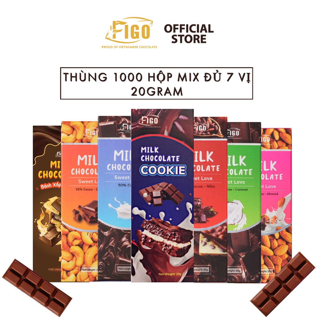 [THÙNG 1000 HỘP GIÁ SỈ MIX VỊ 20G] Kẹo socola sữa siêu ngon đủ mix vị FIGO, hạnh nhân, hạt điều, nho, dừa