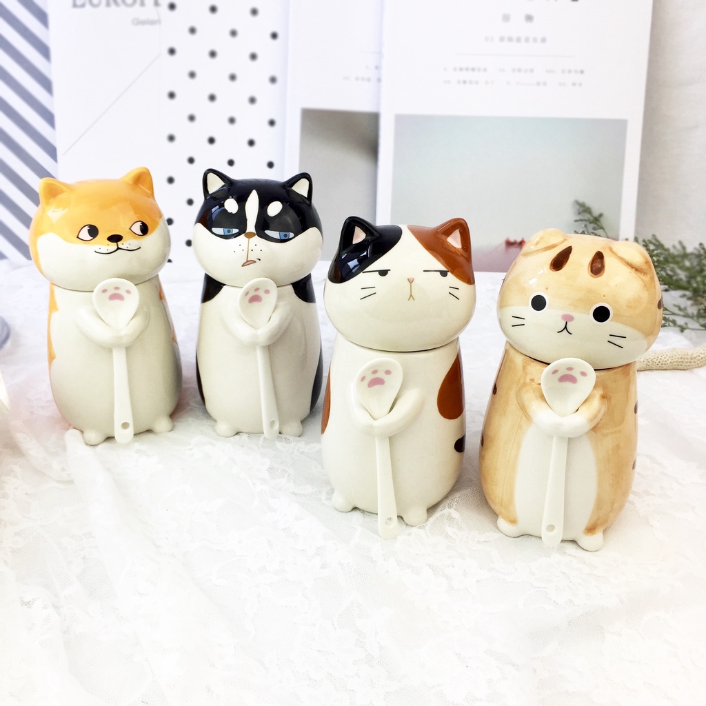 Ly Uống Nước Thiết Kế Đơn Giản Tiện Lợi Dễ Sử Dụng △♘Cốc Sứ In Hình Chân Mèo Có Nắp Và Muỗng Thiết Kế Sáng Tạo Dùng Làm Quà Tặng Sinh Nhật Cho Cặp Đôi
