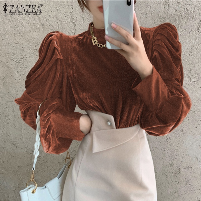 Áo kiểu ZANZEA vải nhung tay dài phồng nhún nếp phối khóa kéo sau thời trang cho nữ