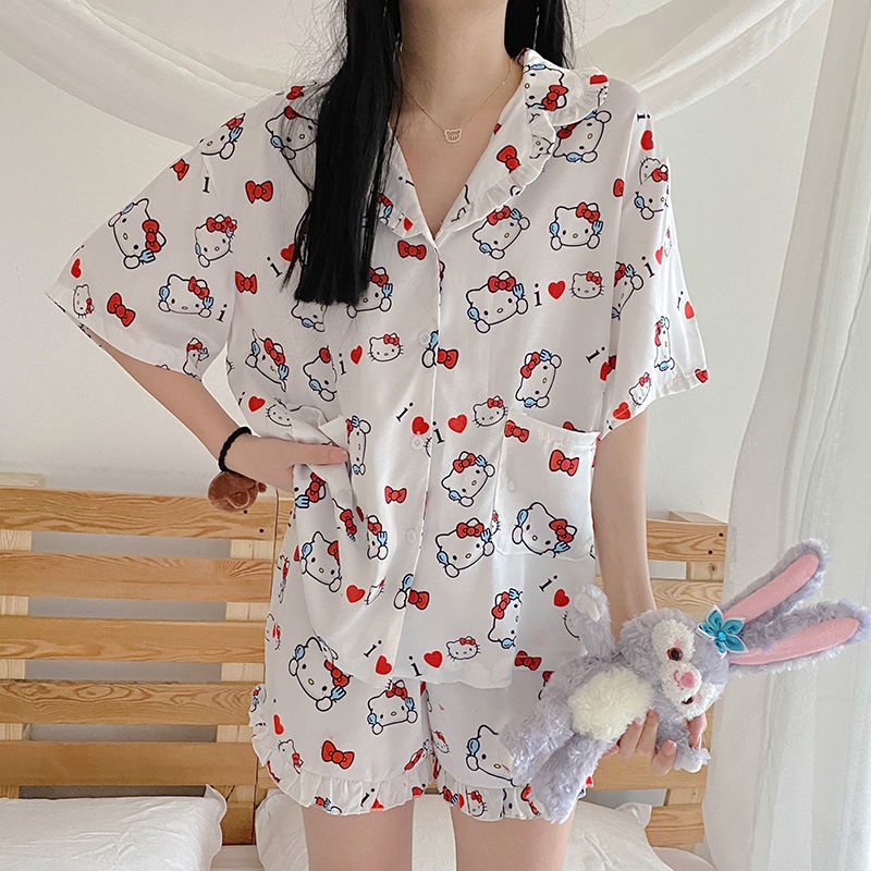 Bộ Đồ Ngủ Ngắn Tay Họa Tiết Hoạt Hình Đáng Yêu Thời Trang Mùa Hè Hàn Quốc