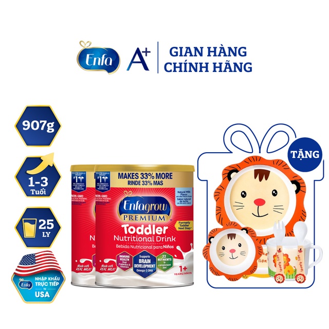 [Tặng 1 Bộ Khay Ăn Dặm] 2 Lon Thức Uống Dinh Dưỡng Enfagrow Premium Toddler Cho Trẻ Từ 1-3 Tuổi - 907g/Lon