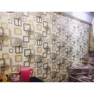 ( tặng kèm dụng cụ )  .combo 10m  giấy dán tường cây ô vuông 3D vàng