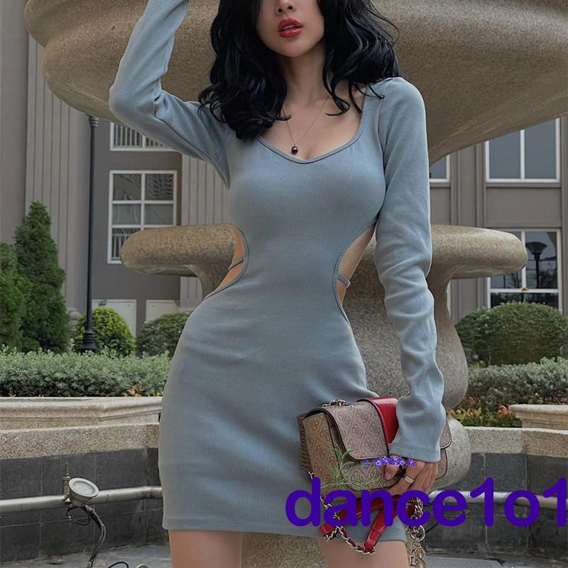 dance1o1-Đầm tay dài cổ chữ v màu trơn thiết kế hở lưng quyến rũ