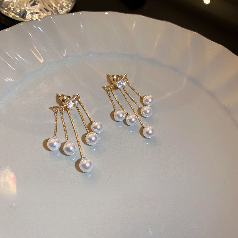 Khuyên Tai Bạc 925 Đính Ngọc Trai Tua Rua Phong Cách Hàn Quốc Thời Trang