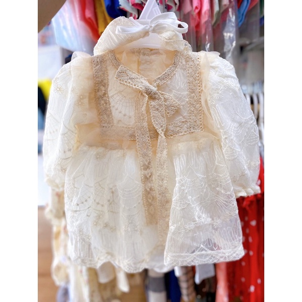 Set đầm ren/ body hoa Bigbaby màu trắng và kem cho bé gái 3-18M