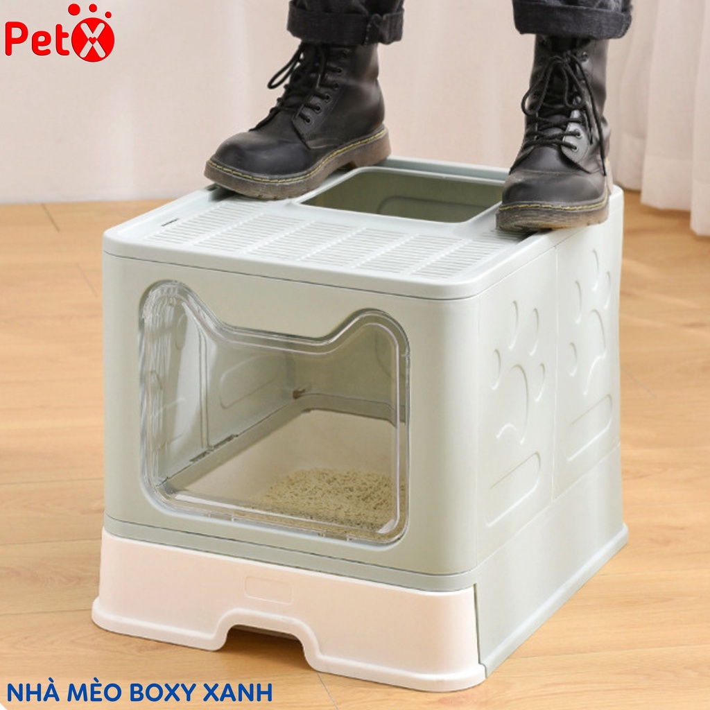 Nhà vệ sinh cho mèo có ngăn kéo khép kín có cửa vào ra riêng chống văng cát kèm xẻng Boxy PetX