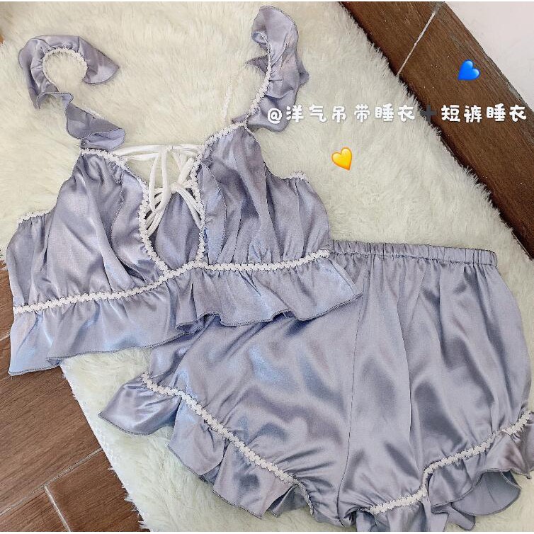 Đồ ngủ IELGY sát nách cạp cao viền nhún bèo đáng yêu cho nữ