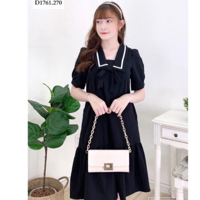 Váy suông chất đũi mát đuôi cá tay ngắn cổ viền 3 màu thời trang công sở - Váy đuôi cá cổ thắt nơ freesize dạo phố bầu