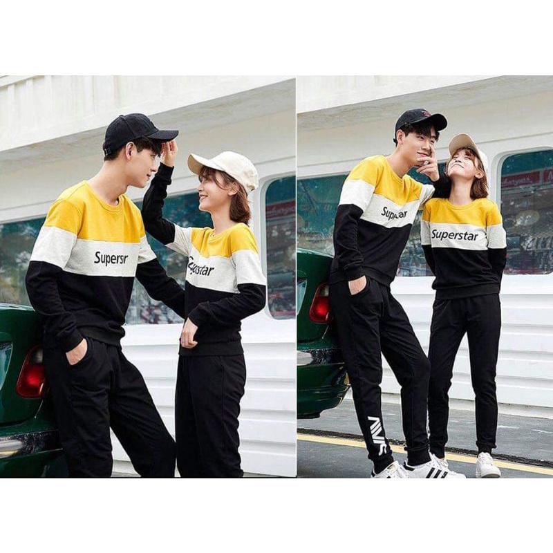 ☞❦Áo đôi thu đông nam nữ màu vàng, phối 3 họa tiết nổi bật phong cách
