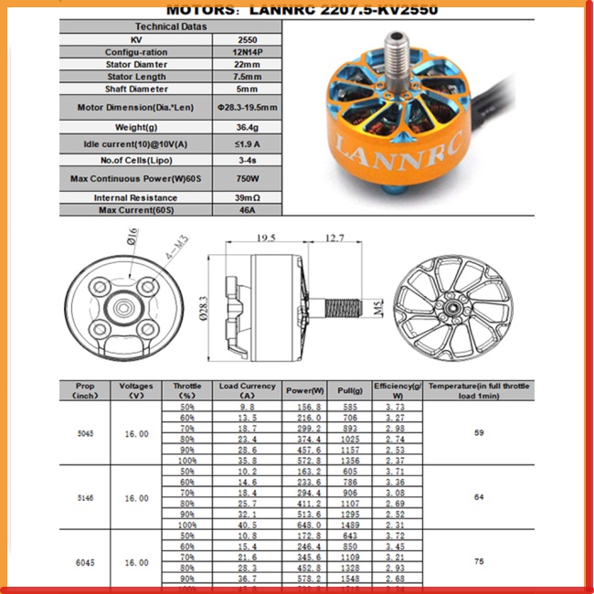 Động Cơ Không Chổi Than HOG Lannrc 2207.5 1750kv 1950kv 2550kv 3-6s 12n14p Cho Qva 210mm 230mm 250mm 5inch