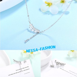 Bộ Trang Sức Bạc S925 ITALY Dây Chuyền Vòng Cổ Dài Ngắn Thanh Tao Hình Giọt Sương Rơi Nhánh Lá BTSB24