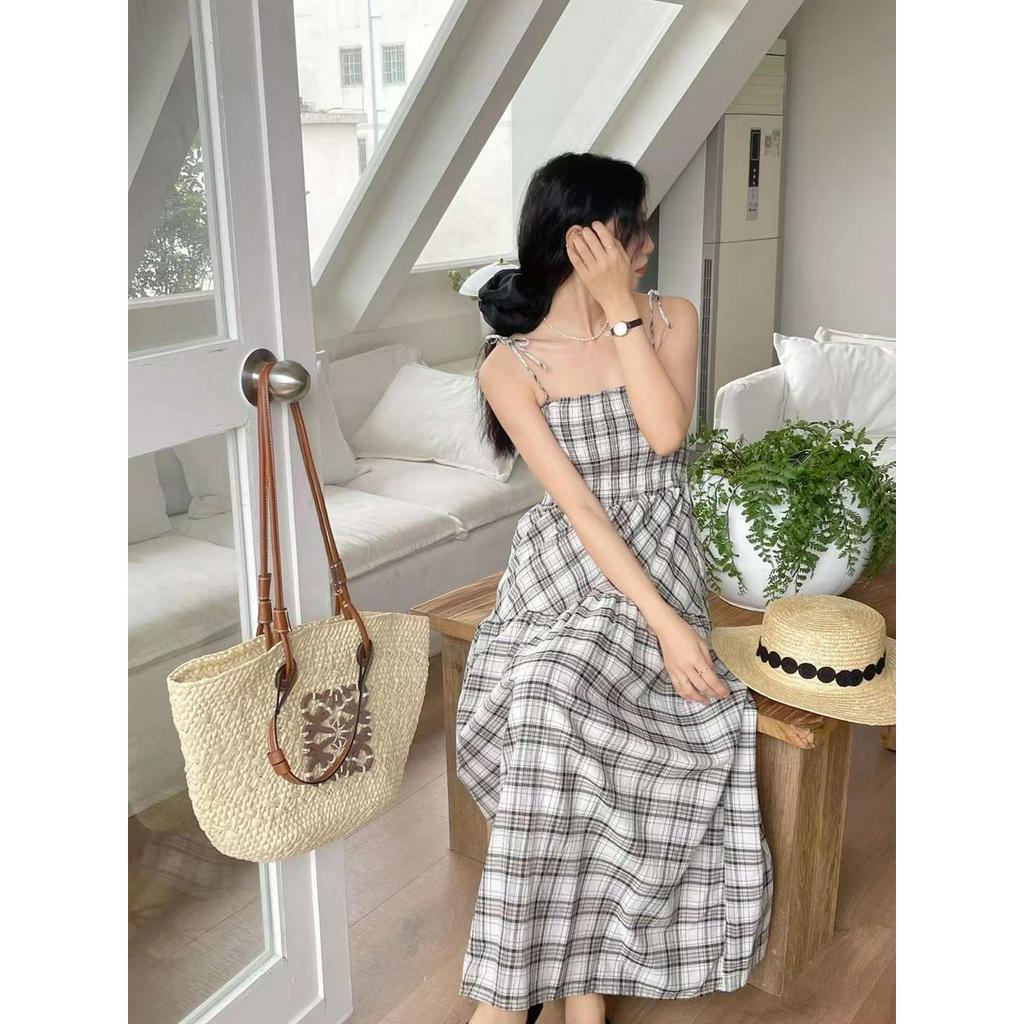 Váy kẻ  hottrend EMIX, đầm 2 dây 2s phong cách Trung Quốc, dáng dài midi chữ A chất thô boil 1959