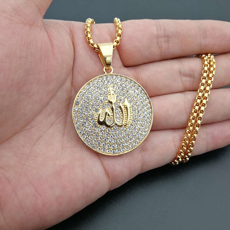 Hip Hop Iced Out Round Allah Pendant Necklace Stainless Steel Islam Muslim Arabic Gold Color Prayer Jewelry