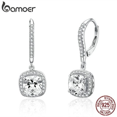 Khuyên tai bạc BAMOER 925 đính đá zircon hình vuông sce520 cho nữ